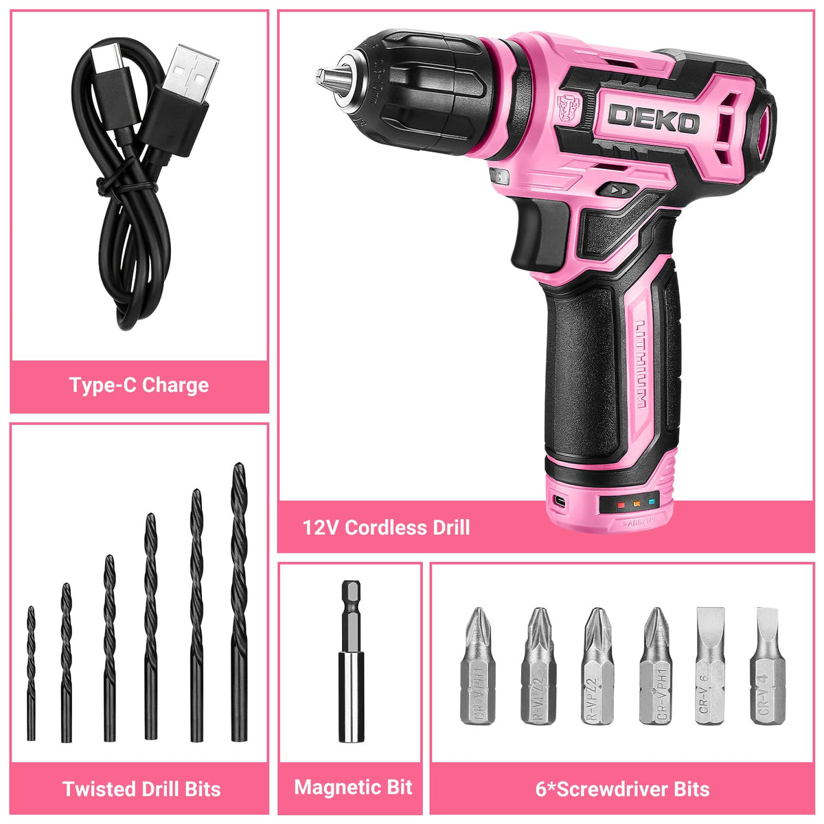 Cordless Drill：DEKOPRO 12V Power Drill Set with Pink 800RPM Electric Drills with Tool Set Gift Box, Pink Drill Set for Women