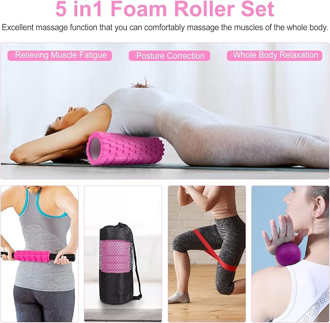 5 in 1 Foam Roller Set Includes Hollow Core Massage Roller, Yoga Stick, Massage Ball, Fitness Stretching Strap, Carrying Bag, Towel, Massage Roller (Pink)