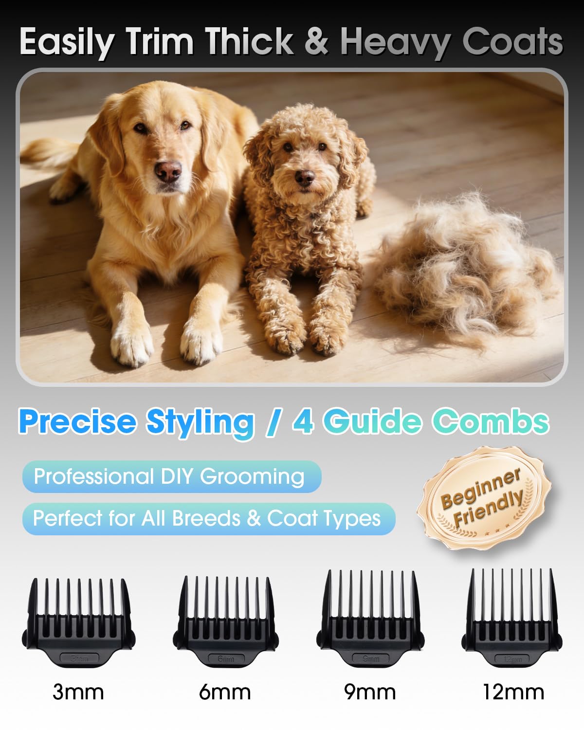 M&M STAR Dog Grooming Kit, Low Noise Dog Clippers, 2-Speed IPX7 Waterproof, Rechargeable Cordless Pet Hair Clippers Trimmer Shaver with LED Display for Small Large Dogs Cats, Gold