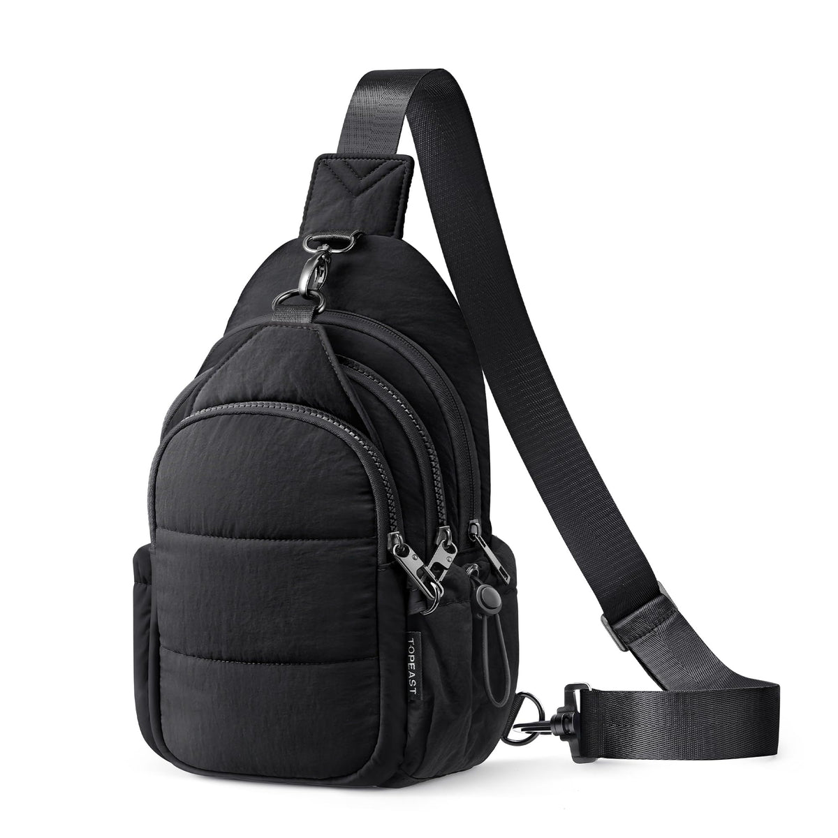 TOPEAST Sling Bag for Women, Anti-Theft Crossbody Bag with RFID Blocking & Water Bottle Holder for Travel, Lightweight Puffer Cross body Purse for Daily Hiking, Water-resistant, Black