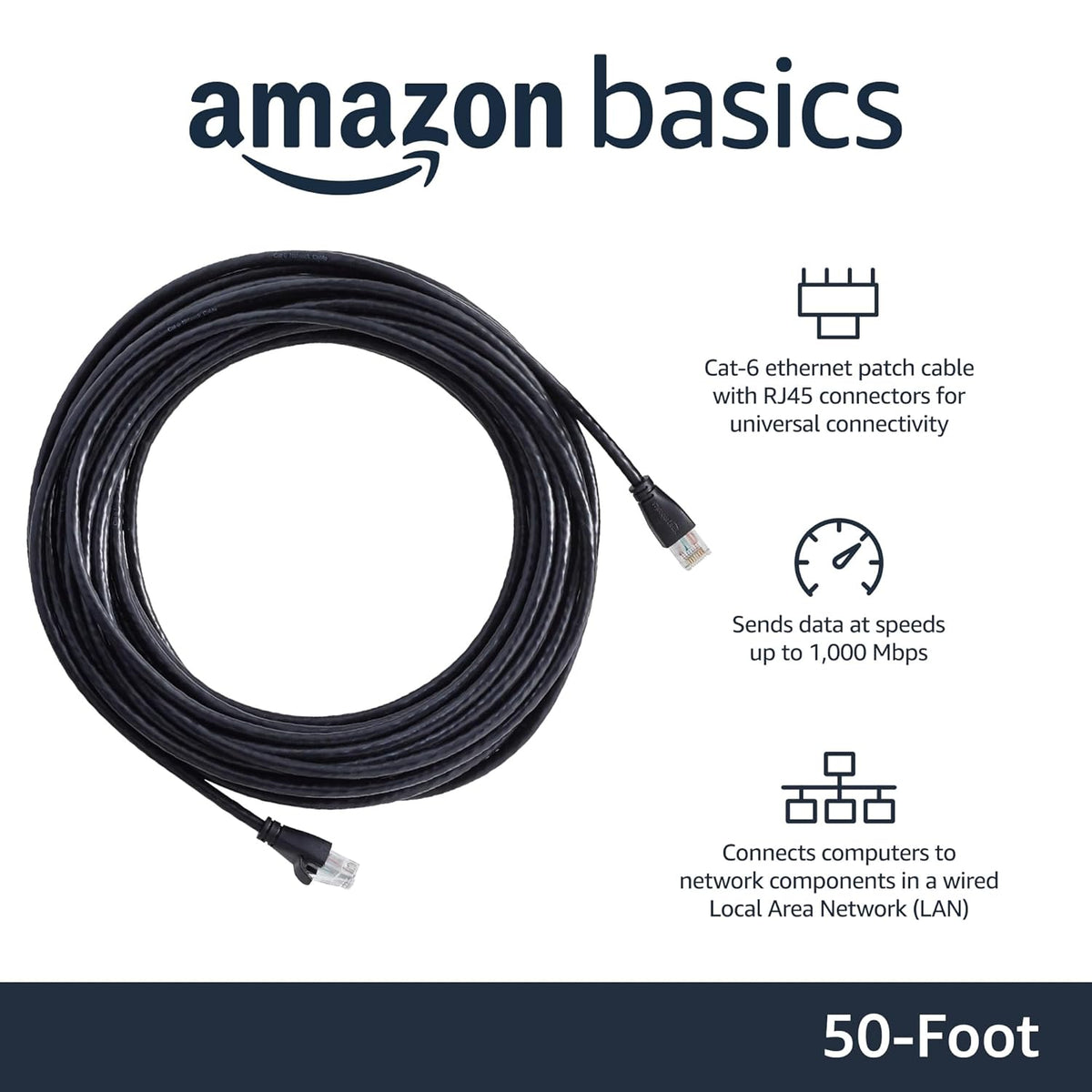RJ45 Cat-6 1Gbps 50 Amazon Basics Ethernet Patch Internet Cable, Transfer Speed, Gold-Plated Connectors, Foot, for PC