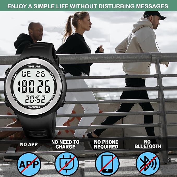 Mens Pedometer Watch for Walking Step Counter Watch No Charging, No App Connection, with EL Backlight. Simple, Practical Choice for Mobile-Free Fitness Enthusiasts TIMEURE-2308