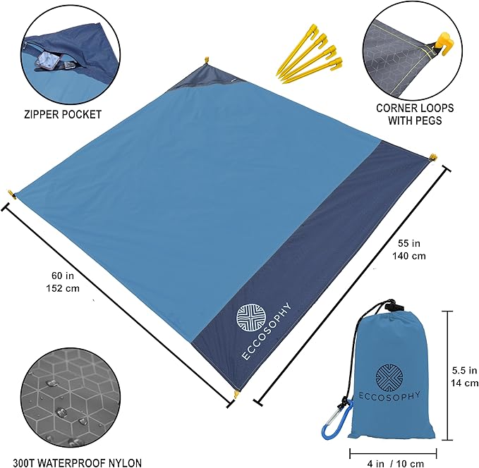 ECCOSOPHY Sand Proof Beach Blanket - Waterproof Picnic Blanket 60x55-Outdoor Compact Pocket Blanket-Lightweight Ground Cover for Hiking, Camping, Festivals, Sports, Travel-with Bag & Stakes (Denim)