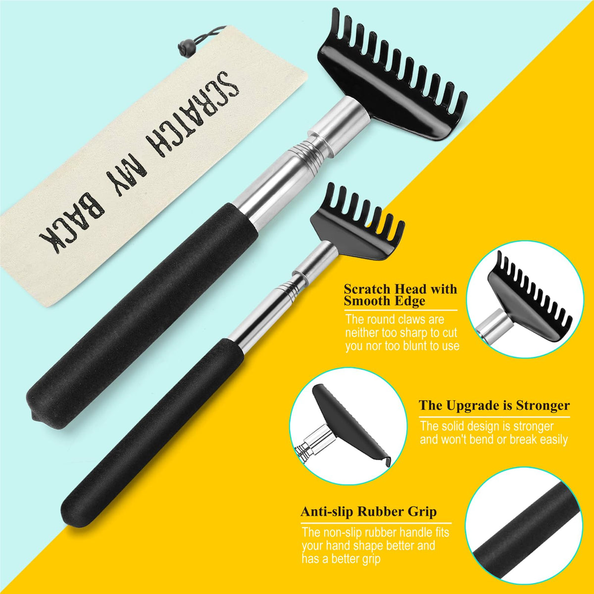 Oversized Back Scratcher Gift Set, 2 Pack, Upgraded Metal Stainless Steel Telescoping Back Scratcher Tool with Canvas Carrying Bag