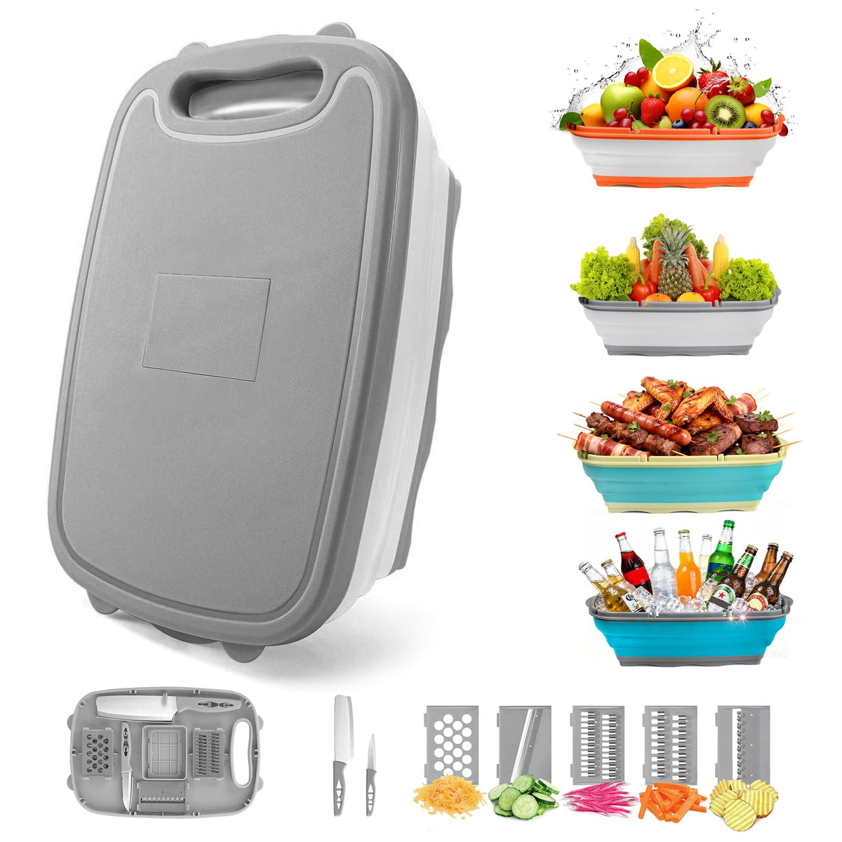 Gintan Camping Cutting Board, 9-in-1 Collapsible Chopping Board with Colander, Kitchen Vegetable Washing Basket for Camping, Camping Gifts Camping Accessories for RV Campers (Gray)