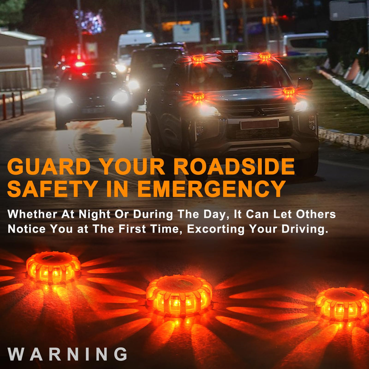 VANCLE USB C Rechargeable LED Road Flares Emergency Lights Roadside Warning Car Traffic Safety Beacon Flashing Disc Flare Kit Strobe with Magnetic Base for Construction Vehicles Truck Boat, 3 Pack