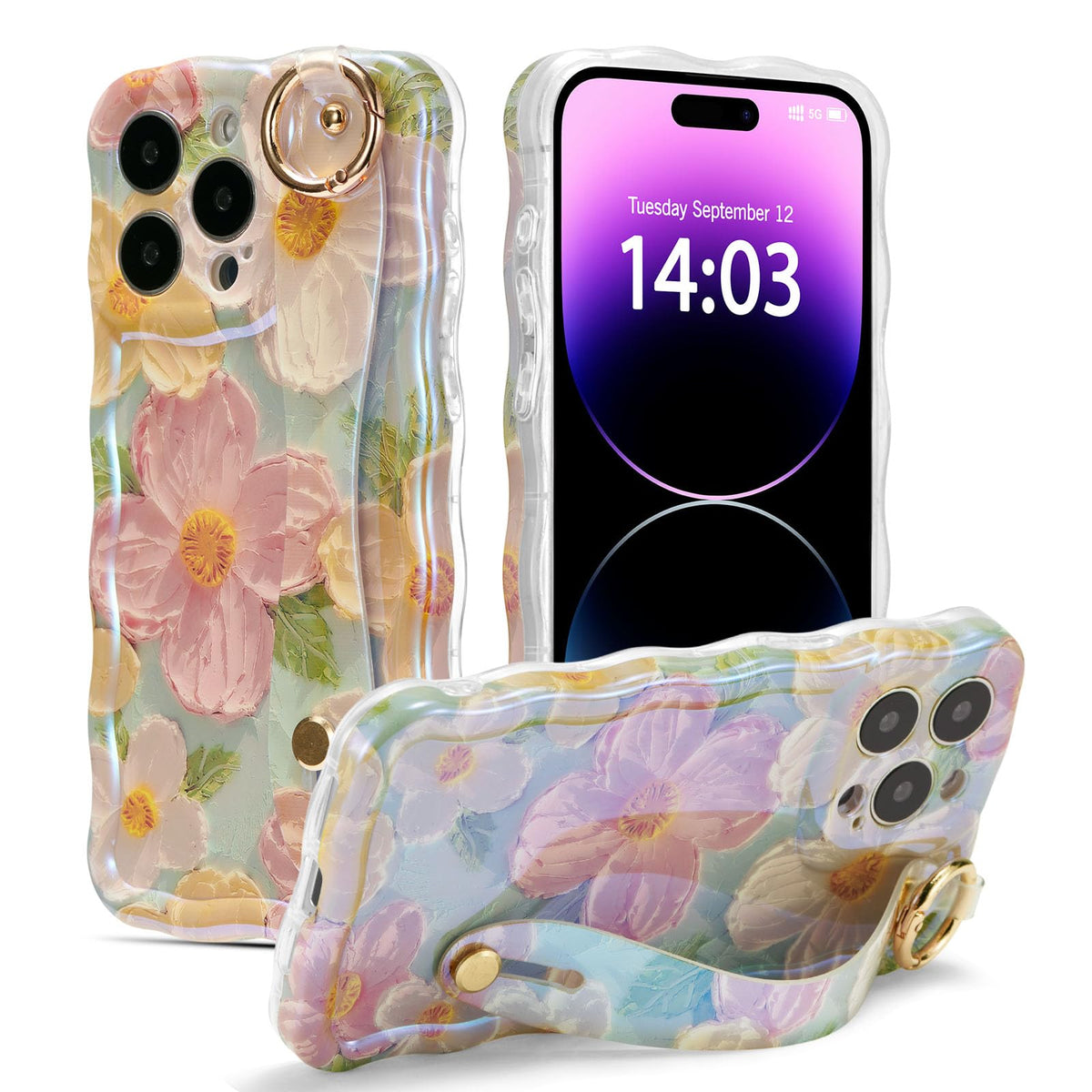 EYZUTAK Case with Hand Strap for iPhone 15 Pro, Colorful Oil Painting Flower Case with Wristband Kickstand Laser Curly Wave Edge Stylish Durable TPU Protective Cover for Women - Green