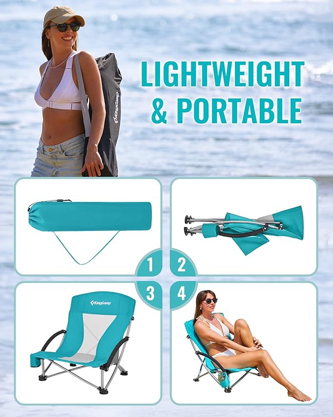 KingCamp Low Beach Chairs, Portable Folding Chair for Adults Extra Wide Ergonomic High Back Seat 300lbs Heavy Duty Lightweight Oversized Gear with Carry Bag for Outdoor Lawn Camping Picnic