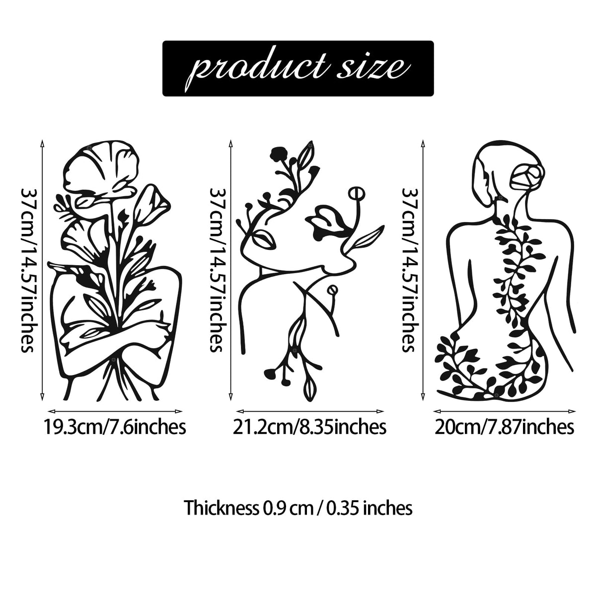 Photect 3 Pcs Metal Wall Art Decor Minimalist Abstract Woman Wall Art Metal Modern Line Drawing Decor Female Single Line Home Hanging for Bedroom Bathroom Living Room Housewarming(Plant,Black)