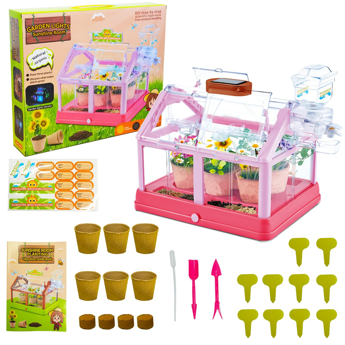 EXBEPE Kids Plant Growing Kit Greenhouse Growing Set Terrarium Kit Kids Science Educational DIY Plant Gardening Toy, Living Greenhouse with Solar Panel, Indoor Gardening Kit