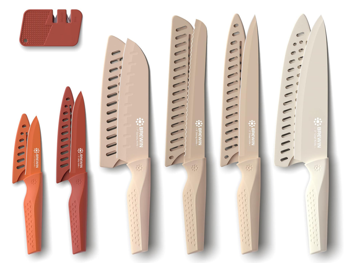 Brewin Knife set, 13 Pieces Kitchen Knives Set with Sharpener, Anti-Rust Coating and Blade Guard, Home Essentials, Camping Essentials - Muliticolor