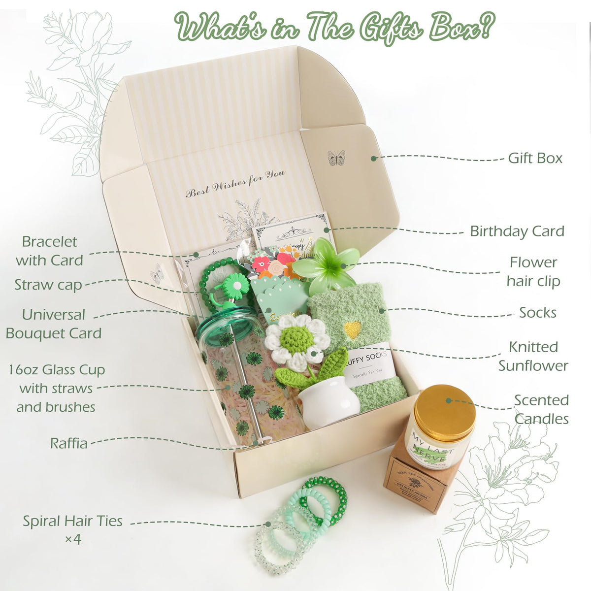Birthday Gifts for Women, Teen Girls, Her, Unique Happy Birthday Gift Baskets for Best Friend Sister Daughter, Women Mother Gifts Box for Girls Wife Girlfriends, 14pcs Cute Daisy Gift Set(Green)