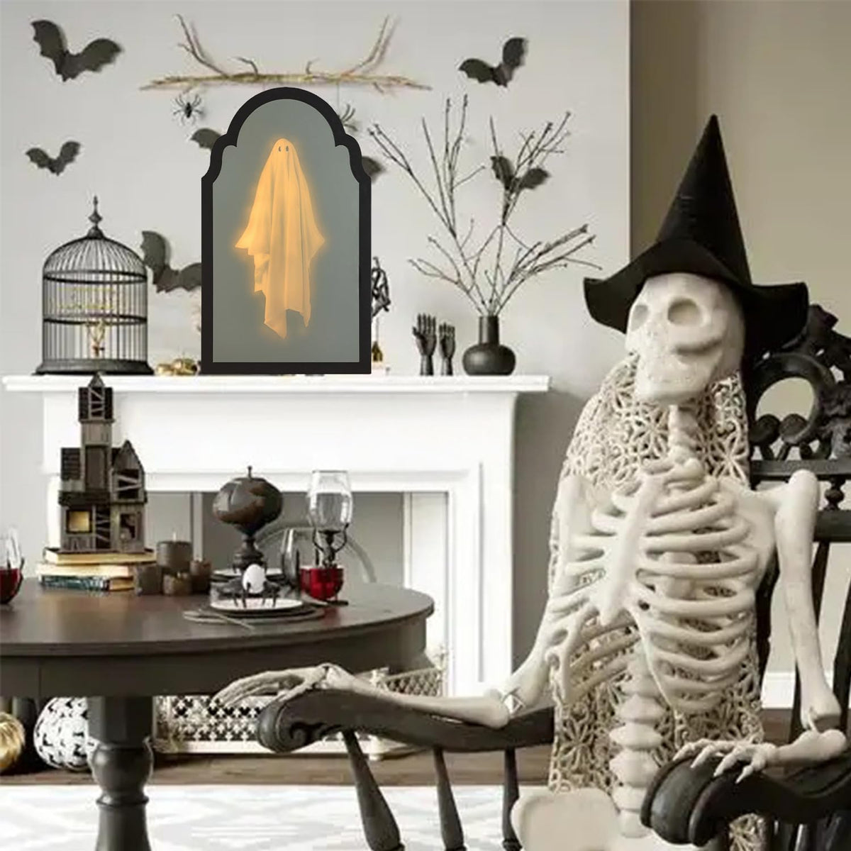 QIPECO Halloween Hologram Ghost Mirror with Creepy Eyes Night Light,Halloween Ghostmirror Spooky Halloween Haunted House Decor,Black Wood Frame (S)