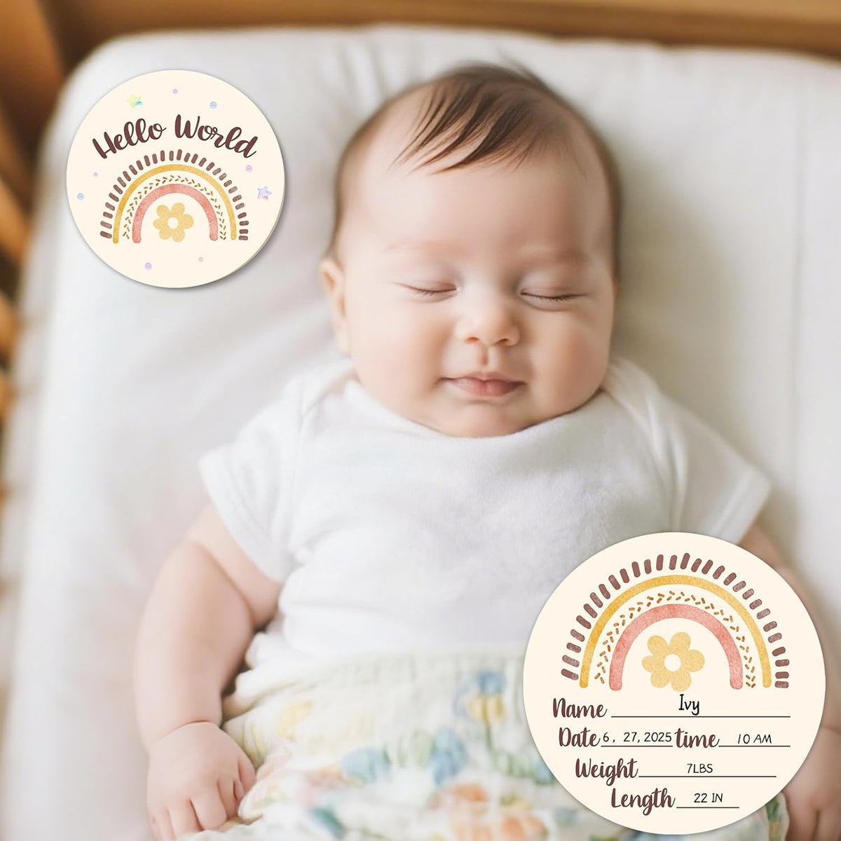 Set(13pcs) Baby Monthly Milestone Cards Sign - Double Sided Wooden Milestone Cards with Rainbow Design, Wooden Circles