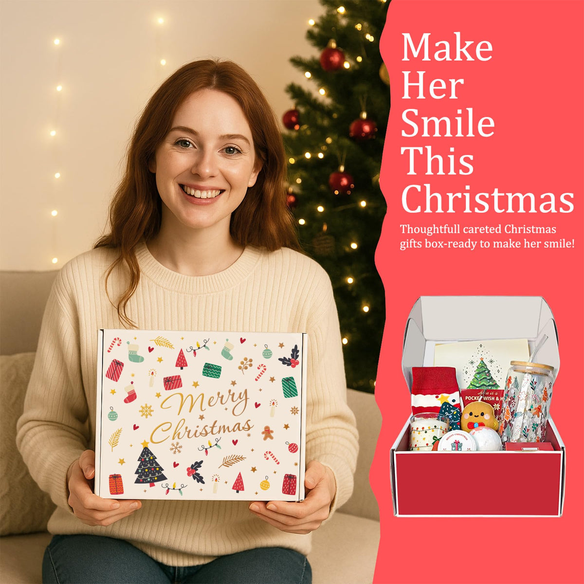 Christmas Gift for Women 2026, Unique Christmas Basket for Coworker Teacher Employee Sister Best Friend Mom Wife, Xmas Holiday Gifts for Women Secret Santa Gift Box Set with Holiday Glass Cup