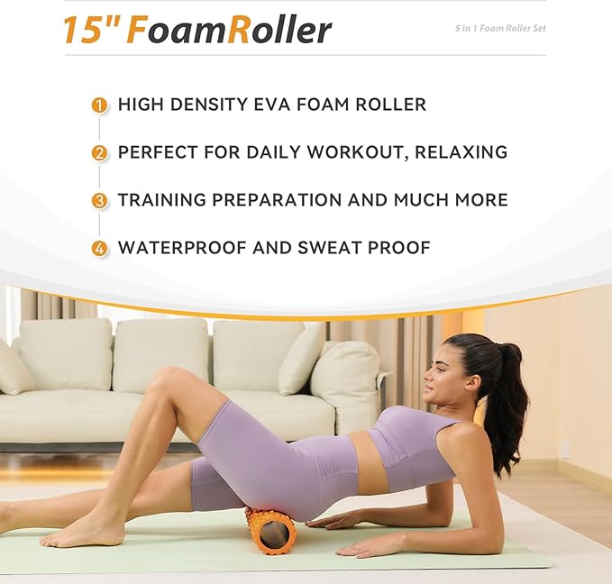 5 in1 Foam Roller Set, Trigger Point Foam Roller, Massage Roller Stick, Massage Ball, Resistance Band for Deep Muscle Massage Pilates Yoga,Fitness Exercise for Whole Body (Pure Orange)
