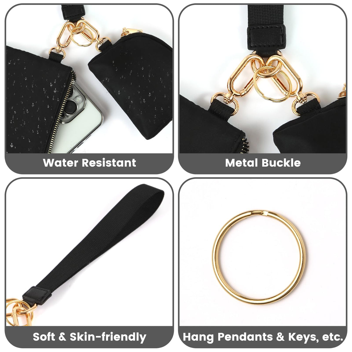 Mini Zip Around Wristlet Keychain Wallet for Women Detachable Dual Pouch Wristlet Portable Phone Coin Purse Coin Pocket (Black+Gold)