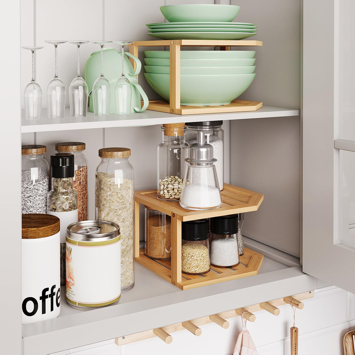 VERTORGAN Bamboo Corner Shelf(2 Pack),2 Tier Plate Organizer for Cabinet and Countertop,Pantry Dish and Spice Rack for Kitchen