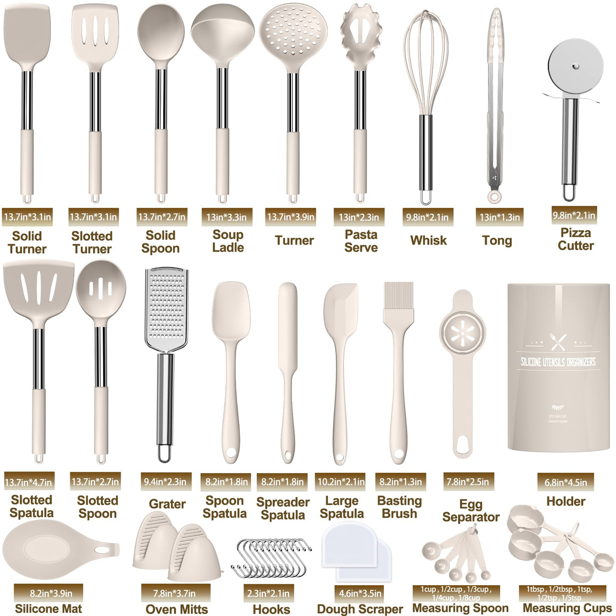 Umite Chef Silicone Kitchen Cooking Utensil Set, 43 pcs Spatula Set with Stainless Steel Handle, Non-stick Heat Resistant - Best Cookware Set-(Khaki)
