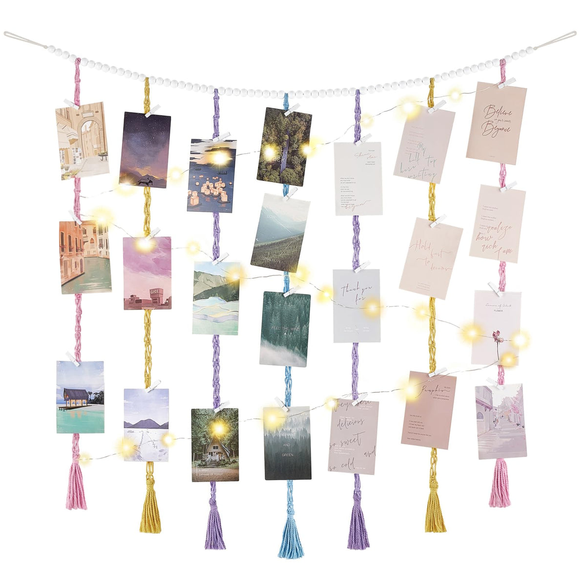 Mkono Macrame Hanging Photo Display Wall Decor with String Lights, Boho Wooden Beads Garland Collage Picture Card Frame Holder with 45 Clips for Bedroom Living Room Dorm, Teen Girls Christmas Gifts