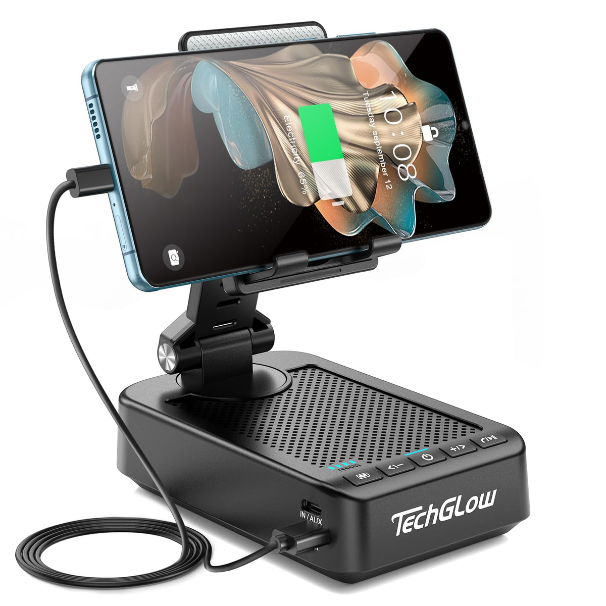 TechGlow Foldable Cellphone Stand with Bluetooth Speaker Charging Function 360° Rotatable Phone Stand Birthday Gifts for Men Women Mother Father Cool Tech Gadgets