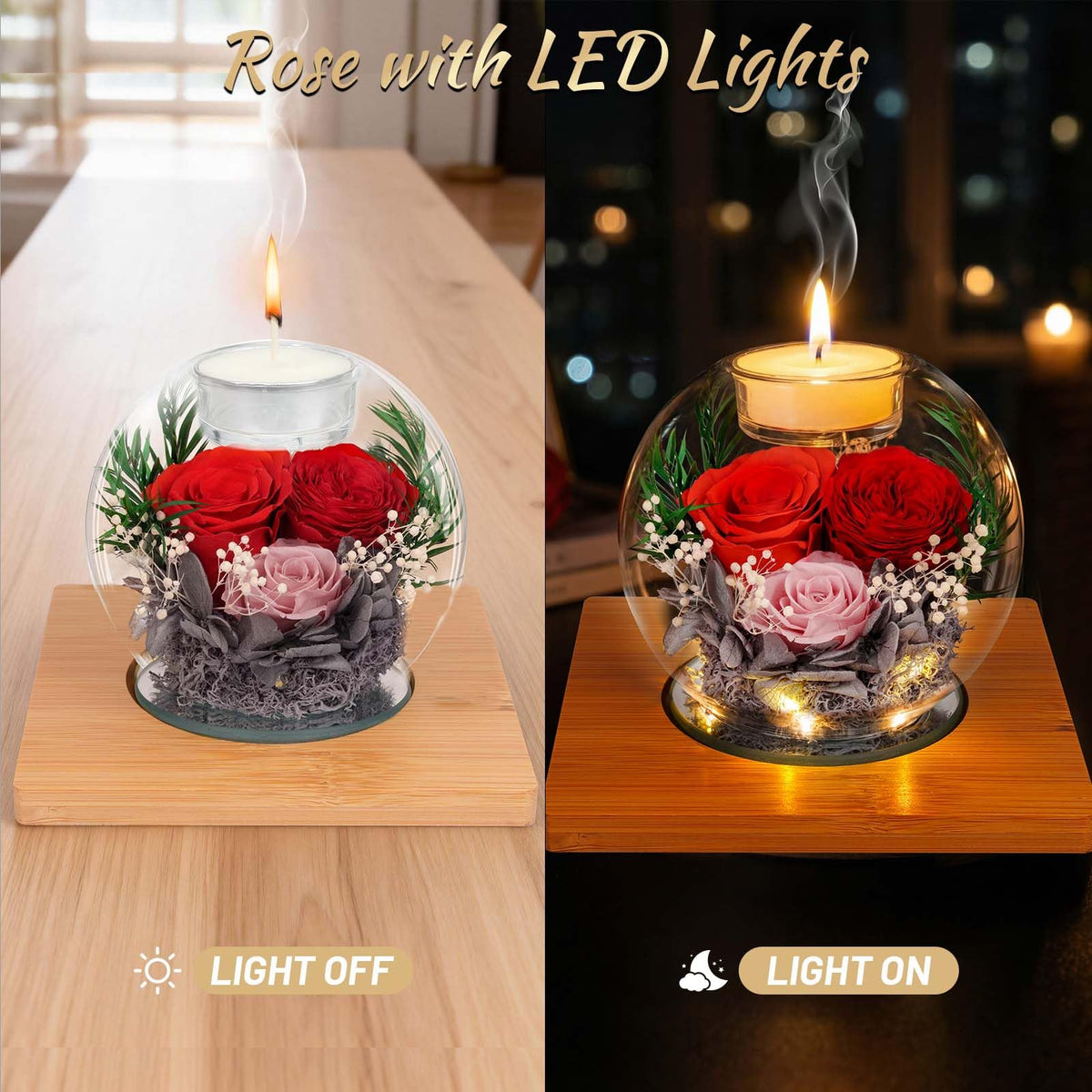 ENERLEAF Preserved Red Real Rose in Glass with Scented Candles – Forever Flower Romantic Anniversary Christmas Birthday Valentines for Mom, Women, Wife, Girlfriend, Her, Grandma