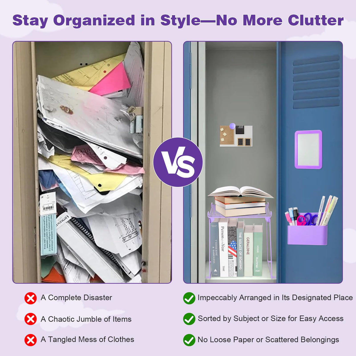 25PCS Locker Organizer Accessories, Purple Locker Accessories Kit, Girls Lockers Decorations, Magnetic Locker Accessories Set, Locker Decor, Back to School Essentials, with Locker Shelf, etc.
