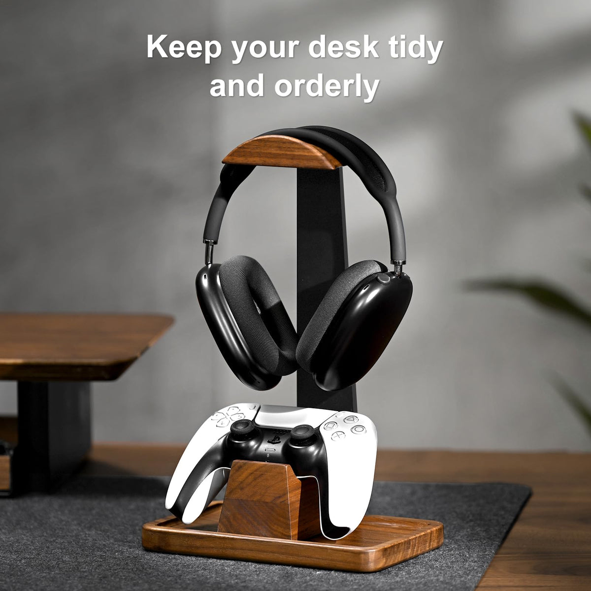 UPERGO Headset Stand with Gaming Controller Holder, Walnut Wood Headphone Stand with Storage Base, Gaming Equipment Accessories for Desk