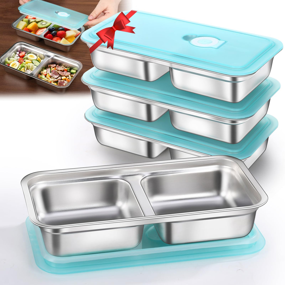Tikmos 4 Pack Stainless Steel Snack Containers Reusable, Grab and Go 2 Compartment Food Storage Meal Prep Containers with Lids Stackable for Travel Camping School Lunch, Gifts for Gym Home Cooks