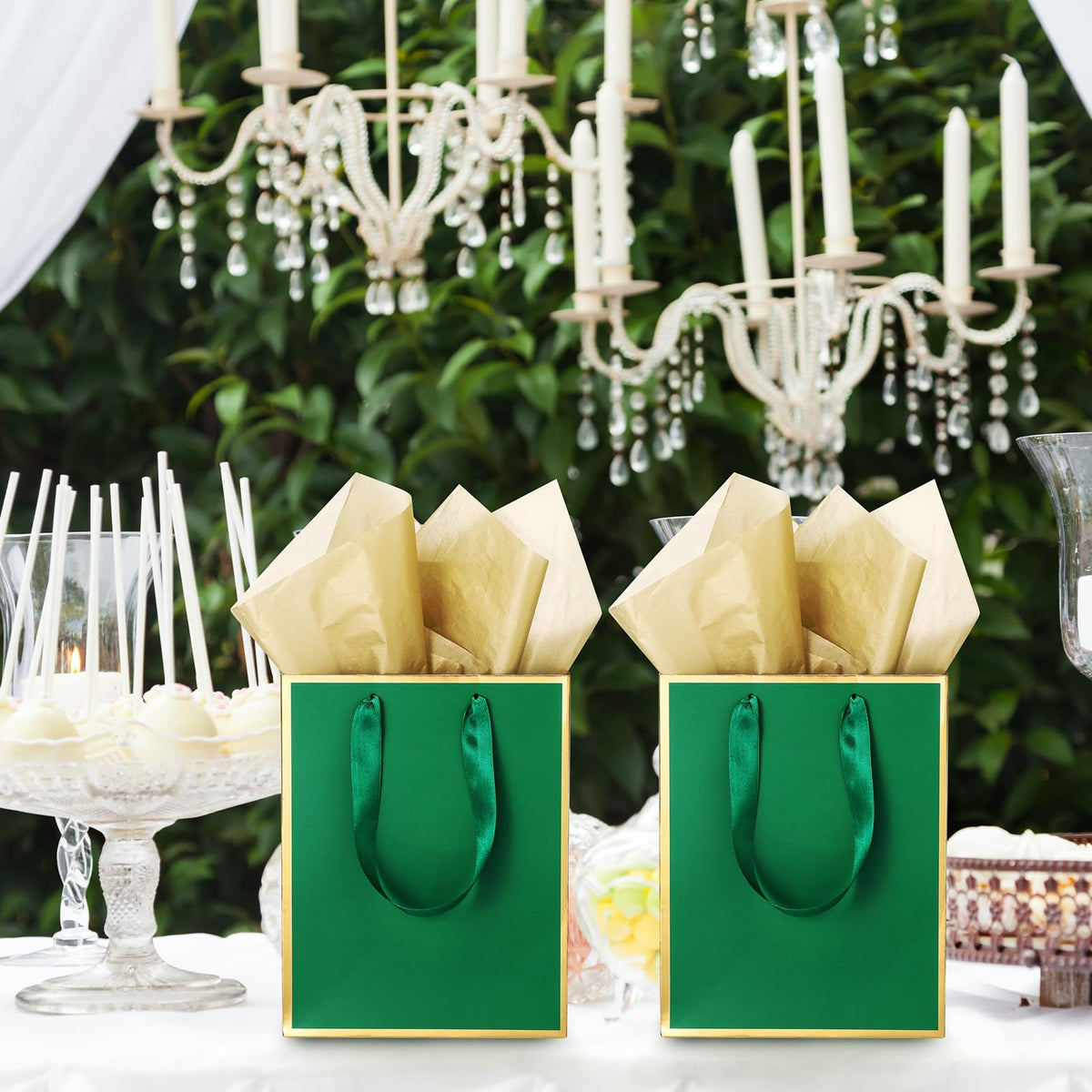 Yeaqee 24 Pack Metallic Paper Gift Bags with Handle and Tissue 9x7x3.1 Gold Foil Welcome Thank You Favor Bags Return Gifts for Wedding Mothers Graduation Bridesmaid Birthday(Green Gold)