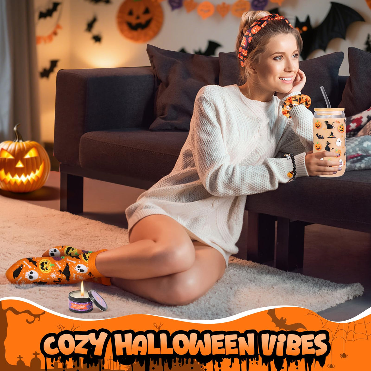 Munutix Boo Basket Stuffers for Women - 8pcs Halloween Gifts Basket for Teens Girls with 17oz Glass Cups & Spa Gifts - Boo Basket for Family, Friends, Her, Mom, Sister, Wife