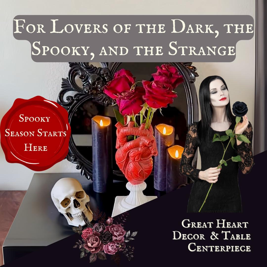 LevOli Gothic Anatomical Heart Vase - Valentines Creepy Large Human Heart Shaped Flower Planter - Horror Lovers Halloween Themed Gifts for Adult Women - Edgar Allan Poe Spooky Decor Weird Oddities