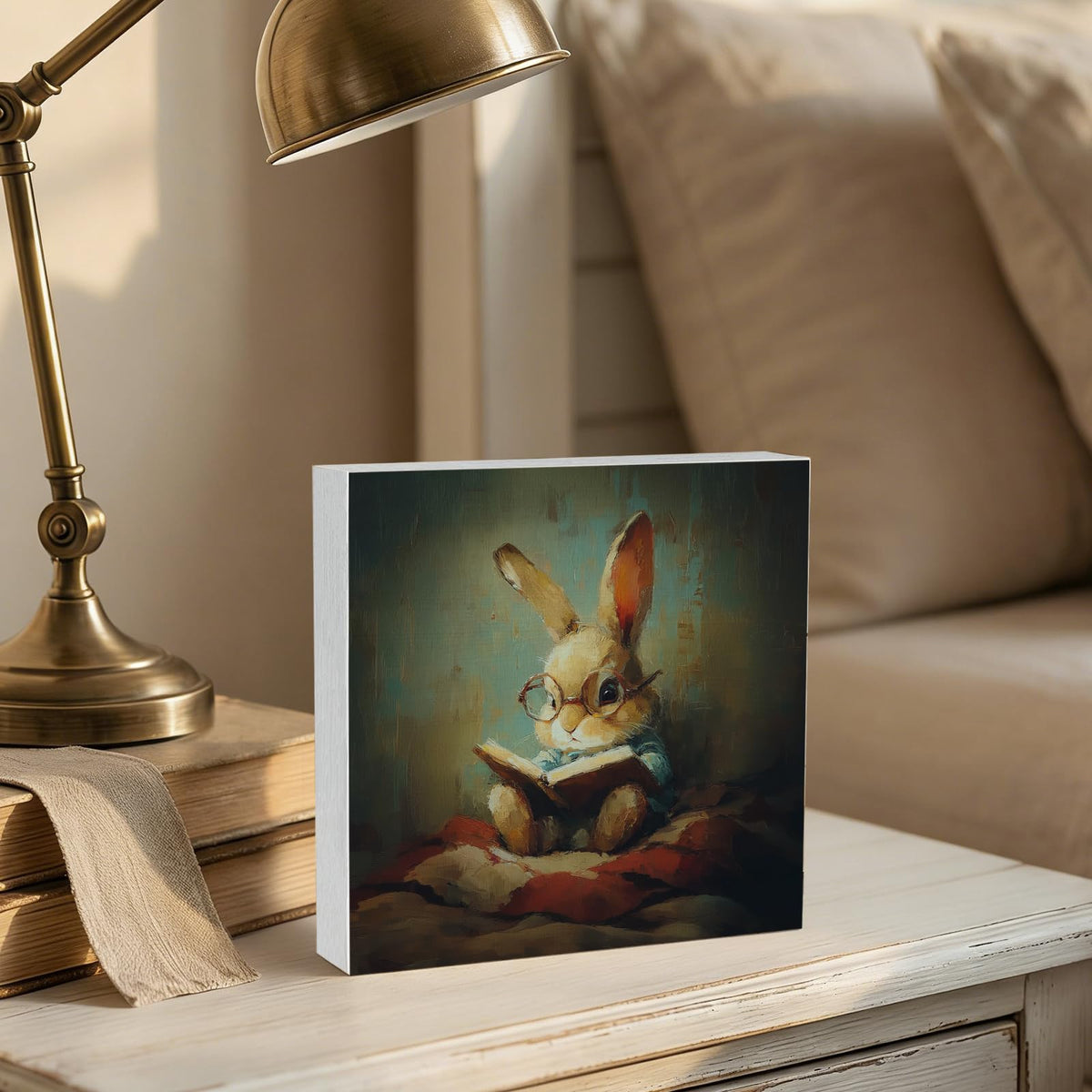 GWOKPAAI Moody Bunny Reading Book Wooden Box Signs Desk Decor, Book Lover Gifts, Moody Rabbit Bookish Wooden Signs Desk Decorations for Reading Room Nook Corner Library Tabletop Shelf Wall, 5x5in