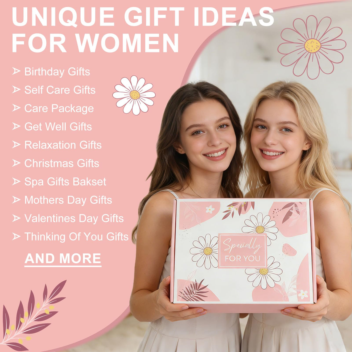Birthday Gifts for Women, Self Care Get Well Soon Gifts Basket for Women, Flower Relaxing Spa Gift Basket Bath Set,Unique Luxury Self Care Box Gift for Mom Her Wife Sister Girlfriend, Girl Friend Pink