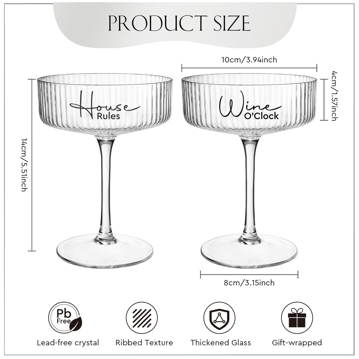 AW BRIDAL Wedding Gifts for Couples 2026 – 8.5oz Ribbed Coupe Glasses Set of 2 Housewarming Gifts for New Home, Martini Cocktail Champagne Glass, Couple Gift for Bridal Shower, Anniversary