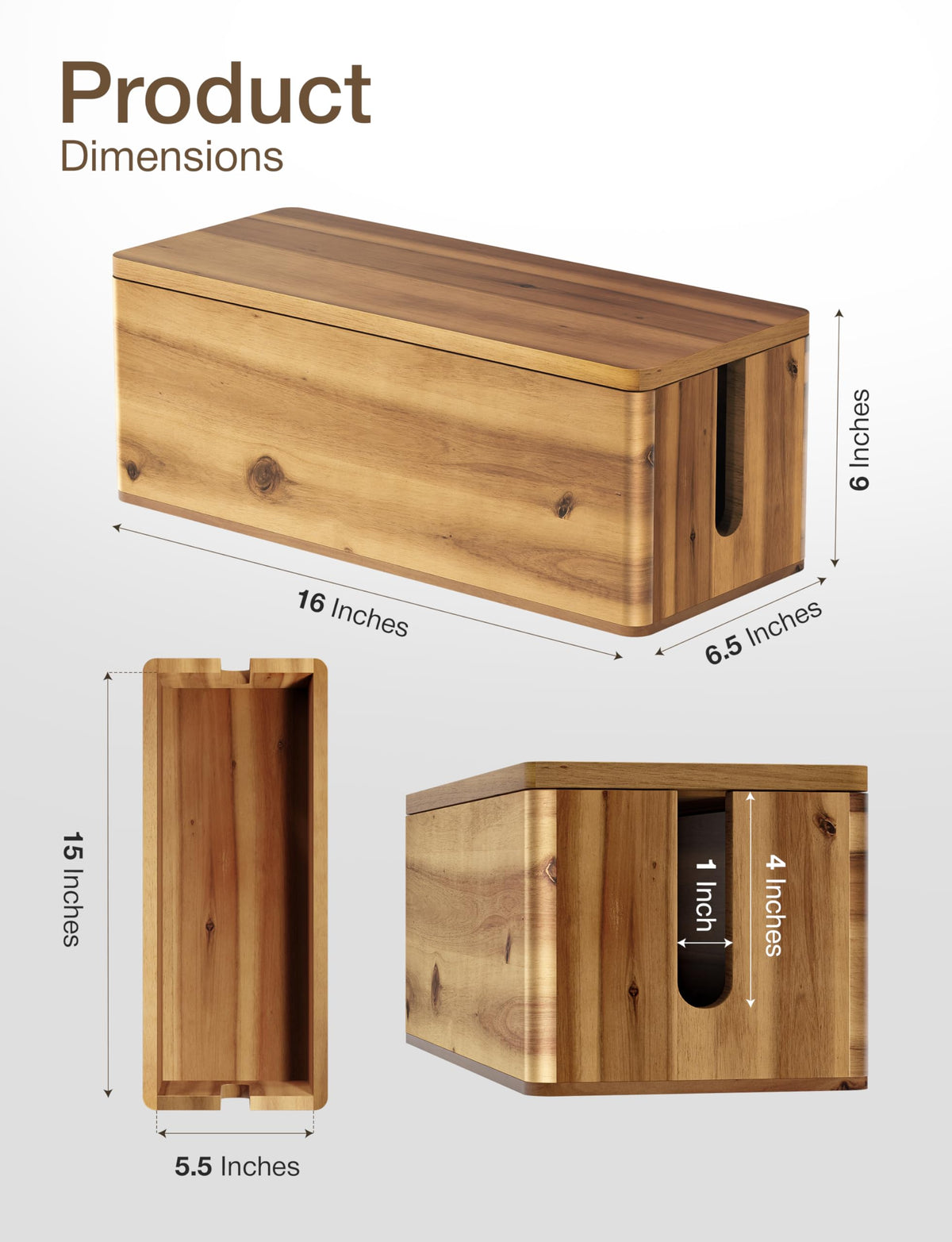 TIDITA Acacia Wood Cable Management Box Round Edge - 16" L Wooden Cable Organizer Box for Electrical Hiding Cord Management - Power Strip Hider Cable Storage Box for Office, Router Wires, Under Desk