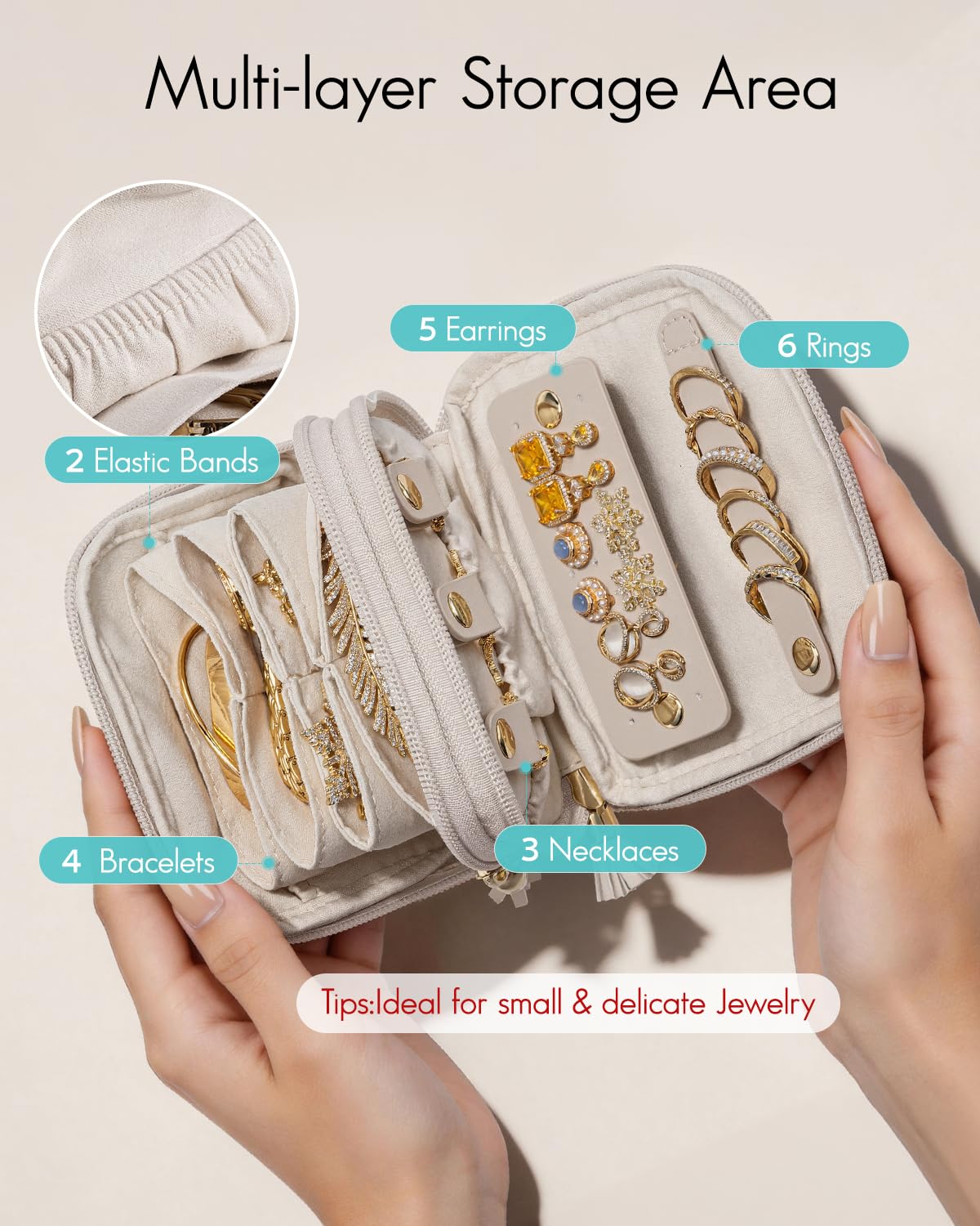 VLANDO Travel Jewelry Case,2-Layer Jewelry Organizer for Travel,Mothers Day Mom Gifts,Multi-Compartment Jewelry Storage for Rings Earrings Necklaces Bracelets-Cream White