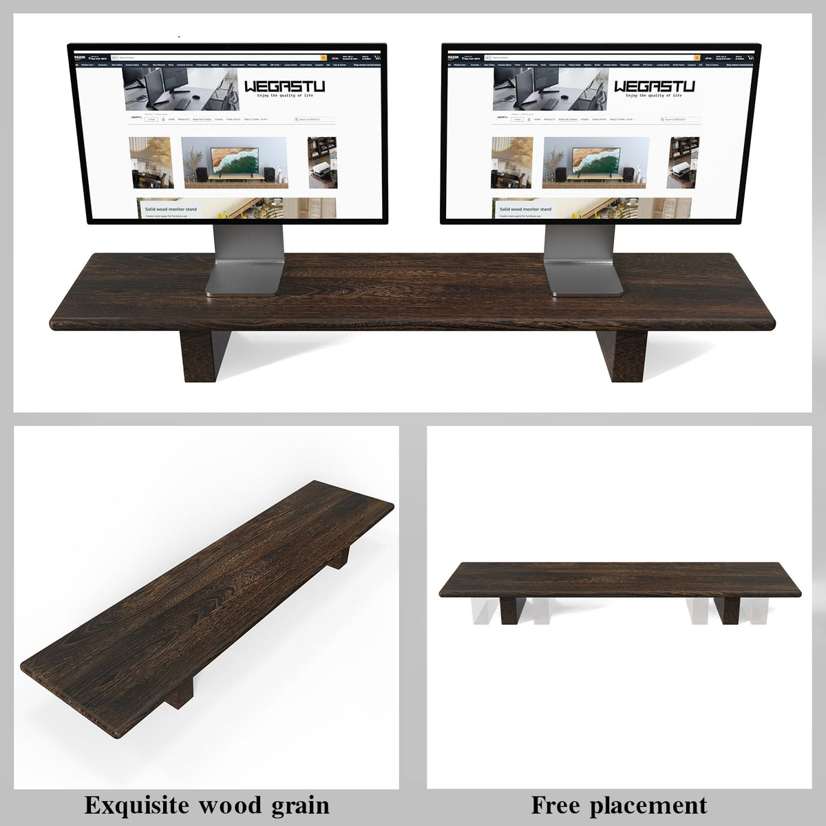 "WEGASTU Solid Wood Rustic Desk Monitor Stand with Storage，Large Dual Monitor Stand Riser for Laptop Computer/TV/PC/Printers, Perfect Desktop Stands Organizer with Underneath Storage for Office