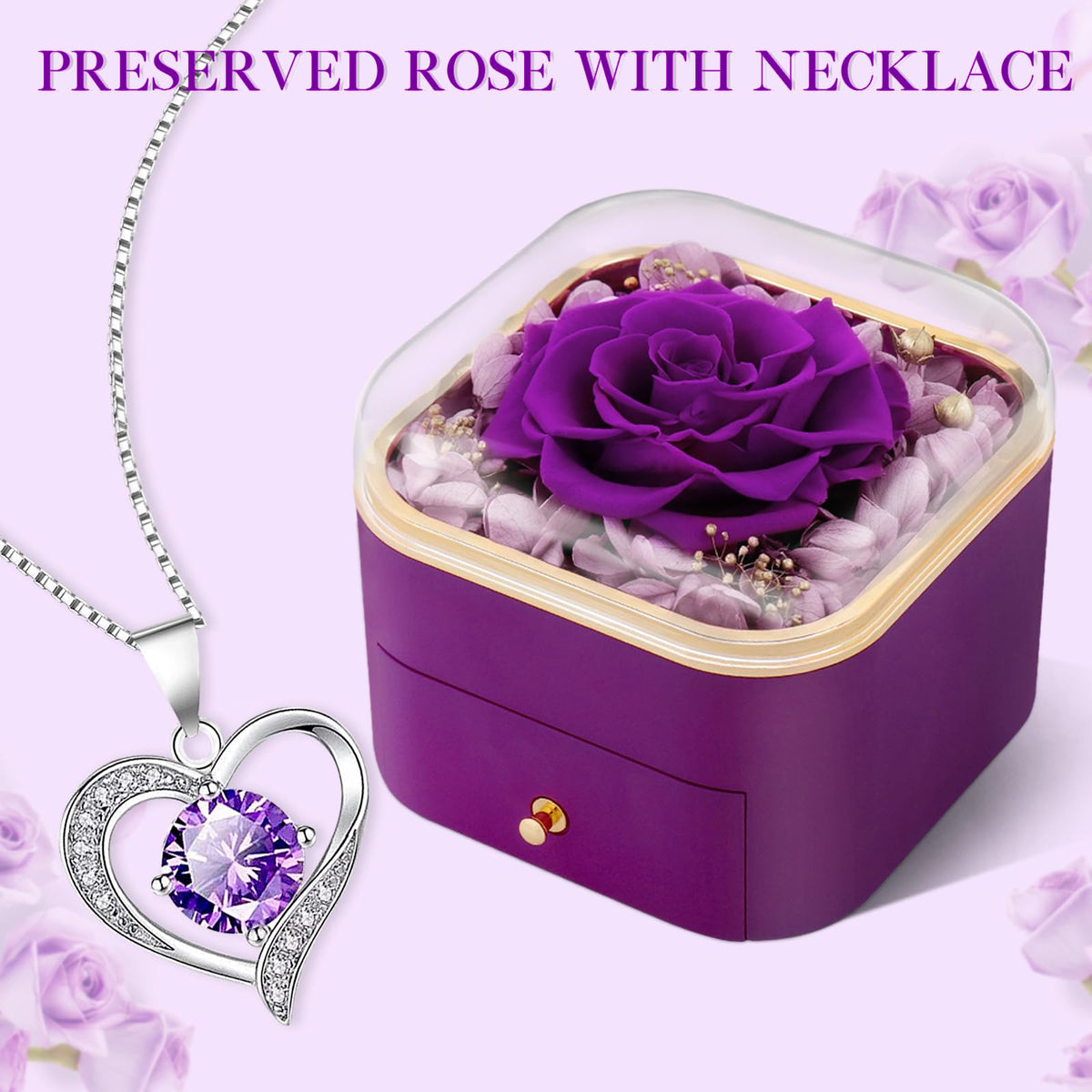 Beferr Birthday Gifts for Women Preserved Real Rose with Necklace Eternal Purple Roses Forever Flowers for Delivery Anniversary Mothers Day Flower Gifts for Mom Wife Grandma Daughter Her Girlfriend