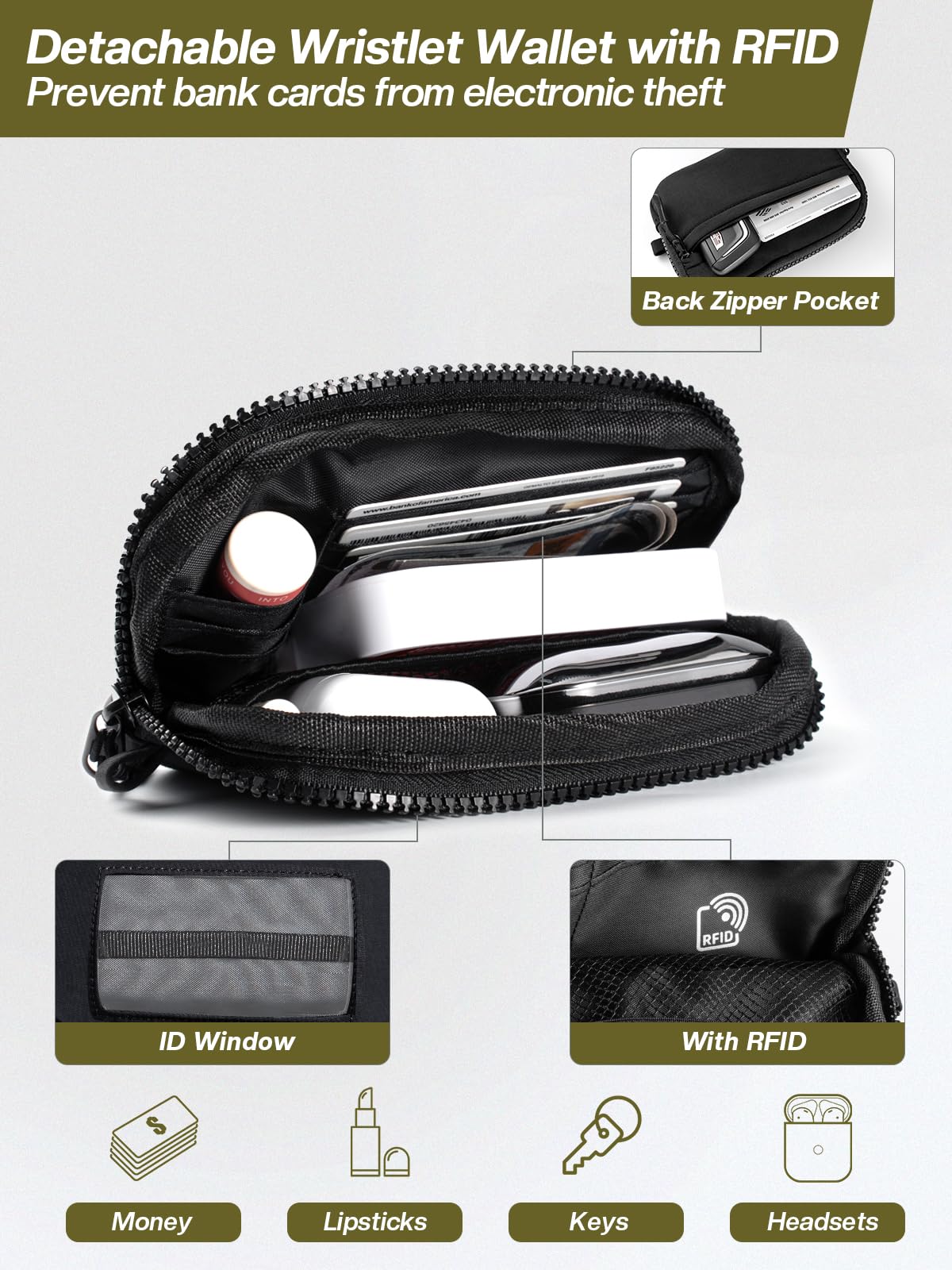 Tiostep Clip and Go Strap for Phone with Wallet Crossbody Phone Lanyard Adjustable and Detachable RFID Wristlet Wallet with ID Window and Zipper, Black