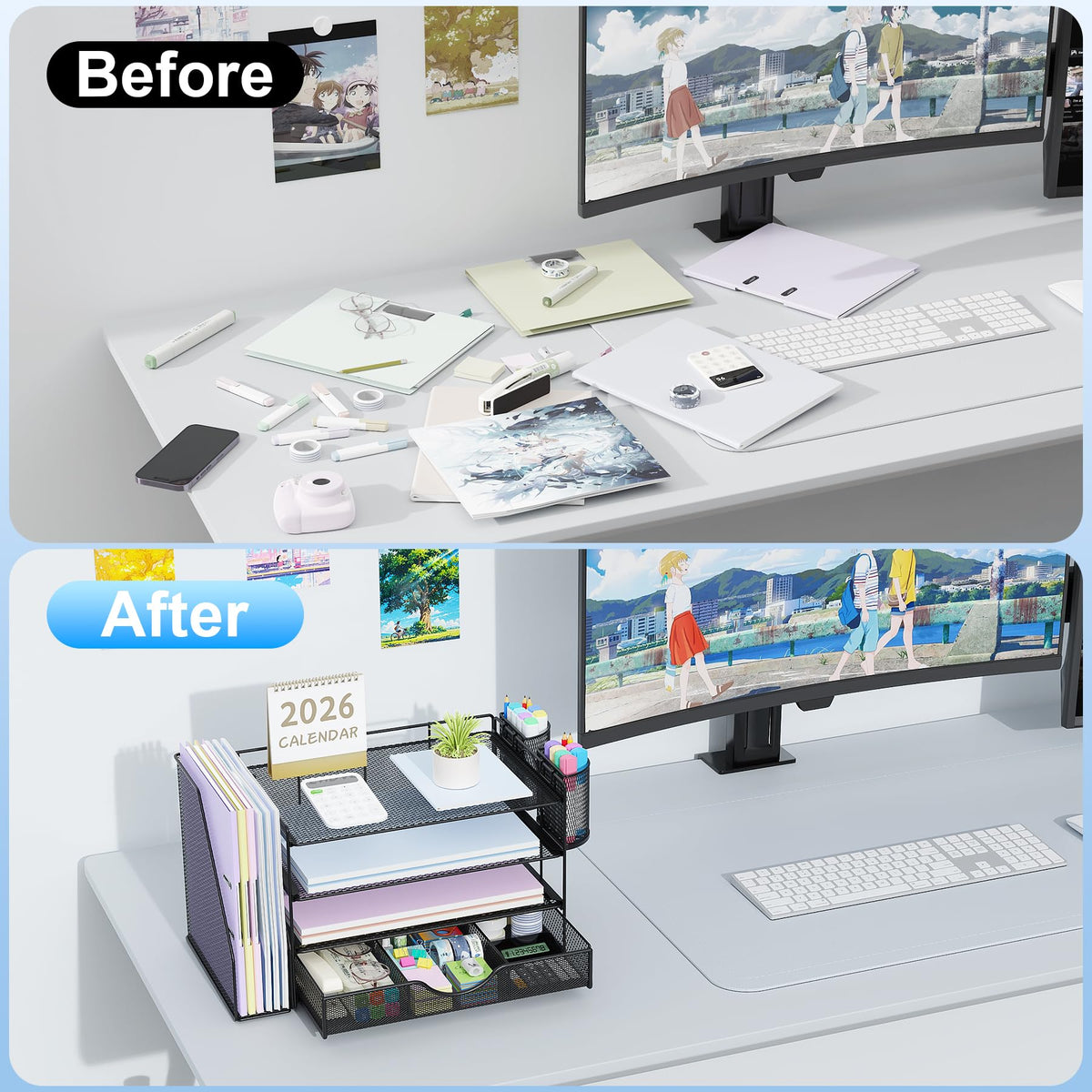 gianotter Desk Organizers and Accessories with File Holder, 4-Tier Desk Accessories & Workspace Organizers with Drawer and 2 Pen Holder, Paper Organizer for Office Supplies (Black)