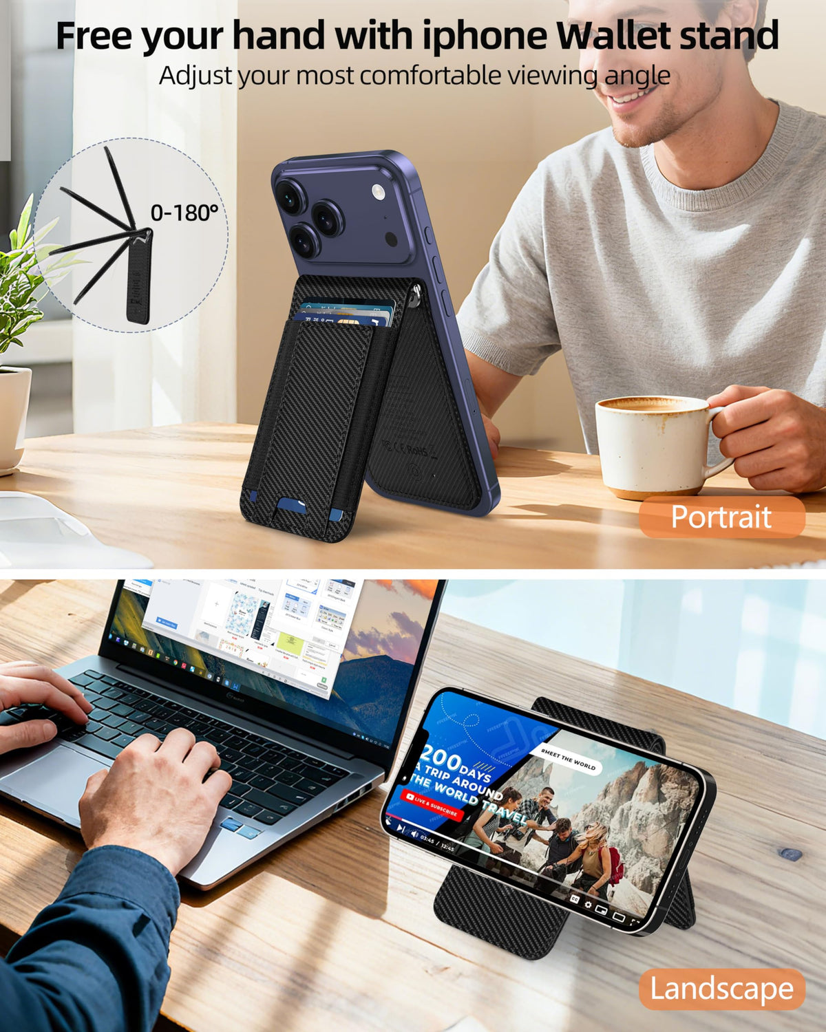 ExtreLife MagSafe Wallet with Money Clip, Work with Apple Find My, Magnetic Phone Wallet Stand for iPhone 17/16/15/14/13/12 Series, 8 Card Holder, RFID Blocking, Rechargeable, Carbon Fiber Black