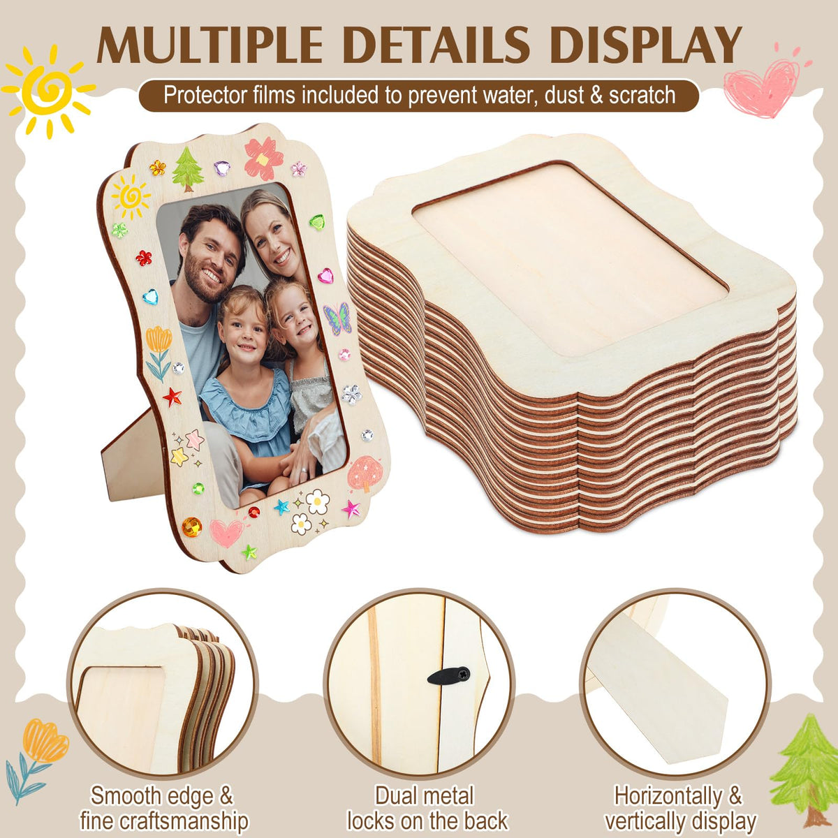 Yalikop 12 Pack Wooden Picture Frames Painting Craft Kit with Stickers DIY Wood Craft Picture Frames Bulk for 4" x 6" Photos Unfinished Standing Photo DIY Crafts for Birthday Mother's Day Gift