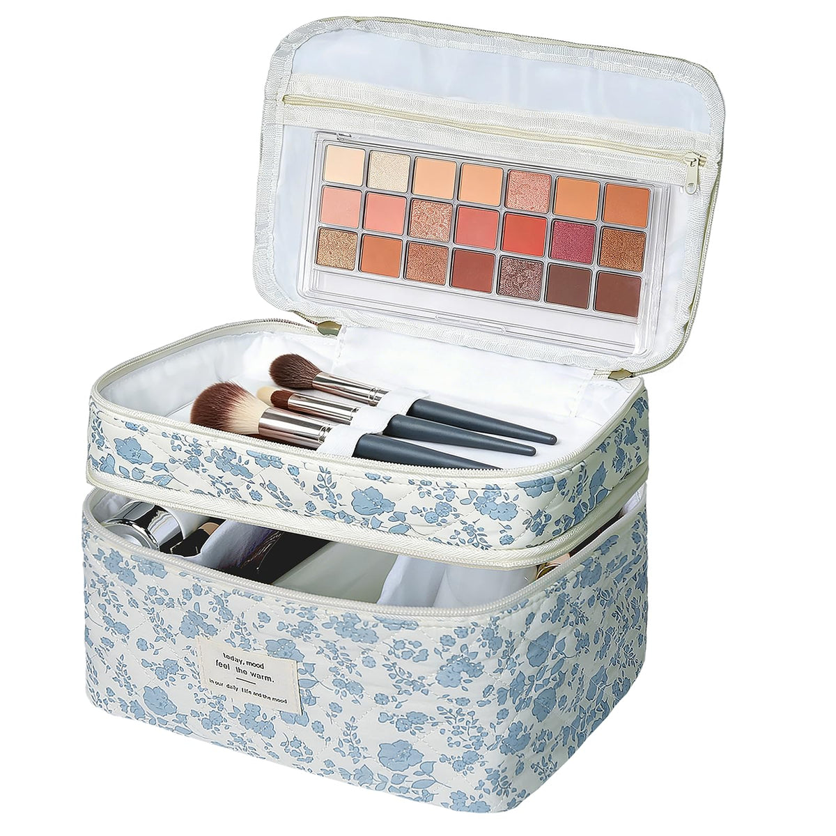 Gosect Makeup bag, Large Cosmetic Bag for Women Girls, Cute Quilted Make Up Bags, Floral Coquette Aesthetic Toiletry Bag, Travel Make Up Organizer Bag (Blue Flowers)