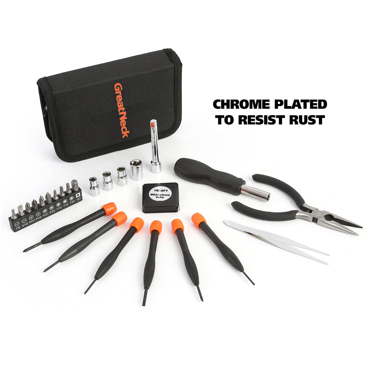 GreatNeck Mini Tool Set for Home Repair and Maintenance, 26 Pc Tool Kit with Zip Case, Mini Pliers, Precision Screwdrivers, Bits, Sockets, 3 ft Tape Measure for Household Use