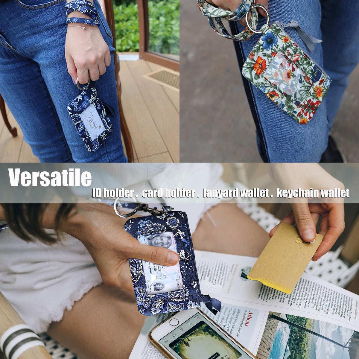 WONDERFUL FLOWER Lanyard Wallet for Women, ID Card Holder, Lanyards for ID Badges, Floral Zip ID Case Keychain Small Coin Purse Cards, Cash, Work, Travel, Cruise, Teachers, Students, Kids, Black White