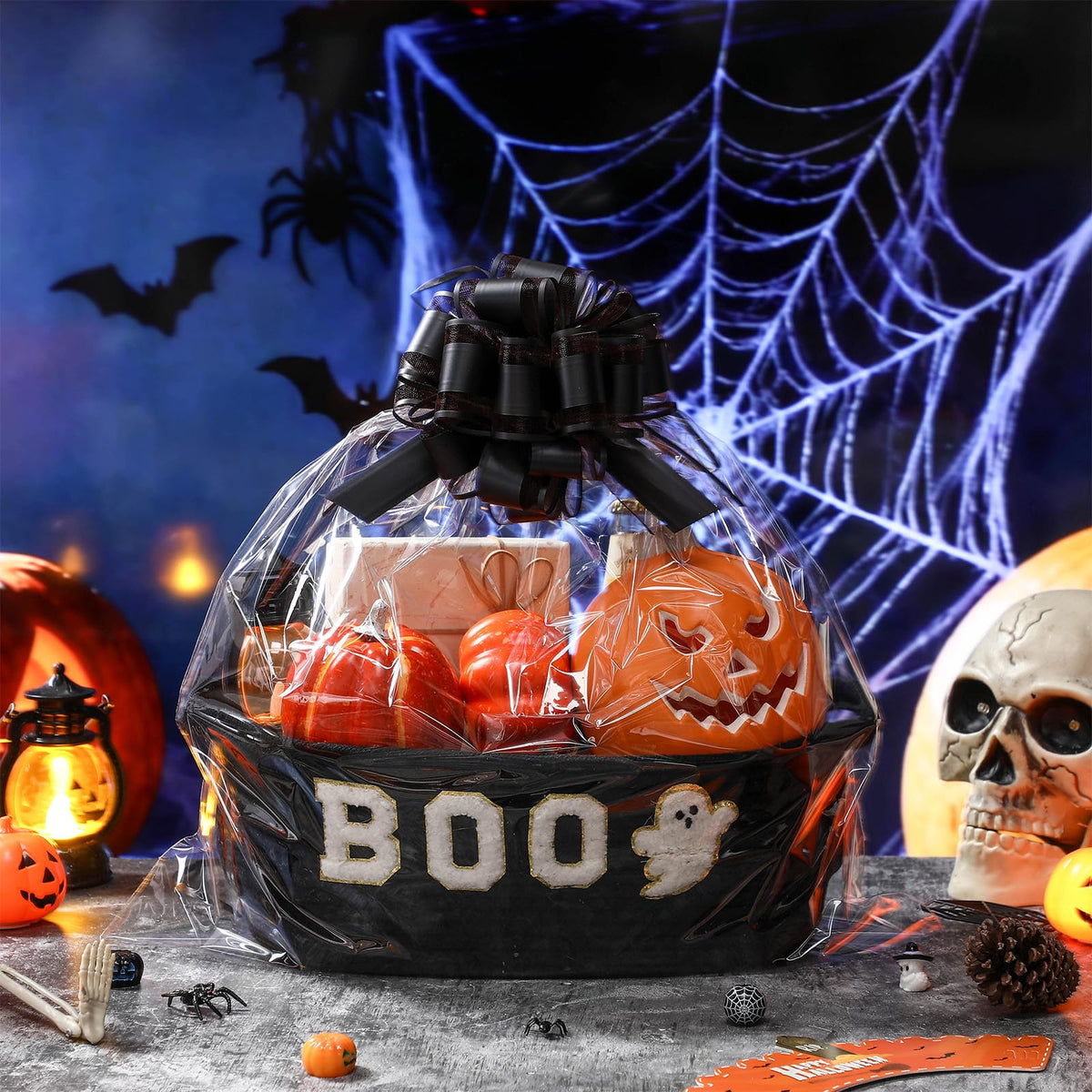 Acellegic 3 Sets Halloween Boo Basket for Gifts with Bows Ribbons Cute Boo Ghost Woven Candy Baskets Trick or Treat Bucket for Halloween Holiday Birthday Treat Wrapping Party Supplies (Black)