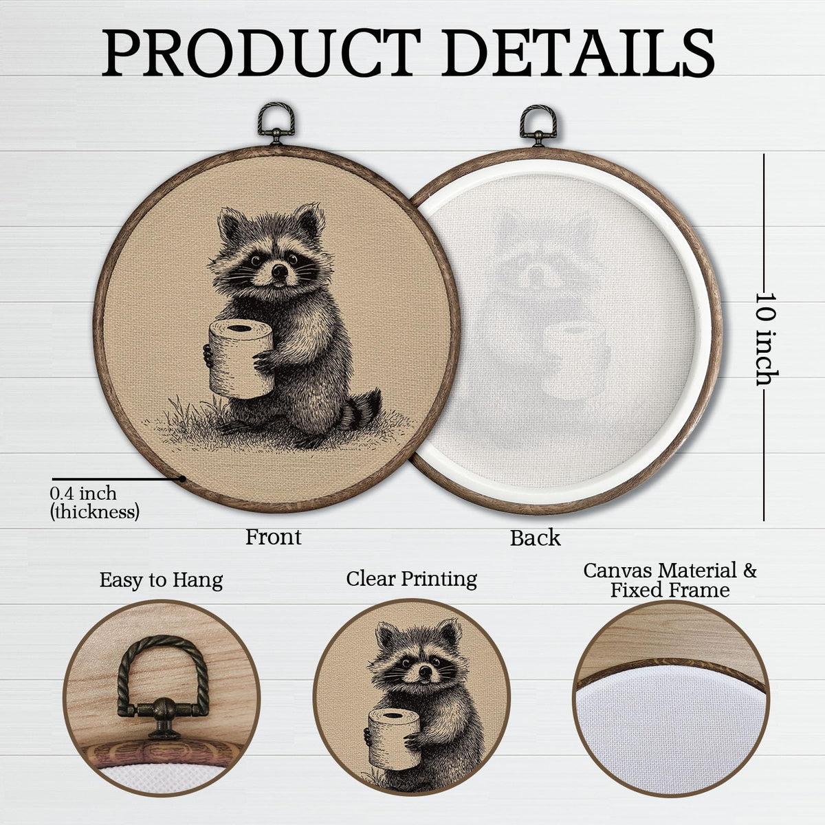 YH547-YGH01 Giosve Funny Raccoon Bathroom Round Wall Art Canvas Framed Poster, Rustic Neutral Sketch Raccoon Holding Toilet Paper Hanging Wall Sculptures for Washroom Bathroom Restroom Decor, 10x10 Inch