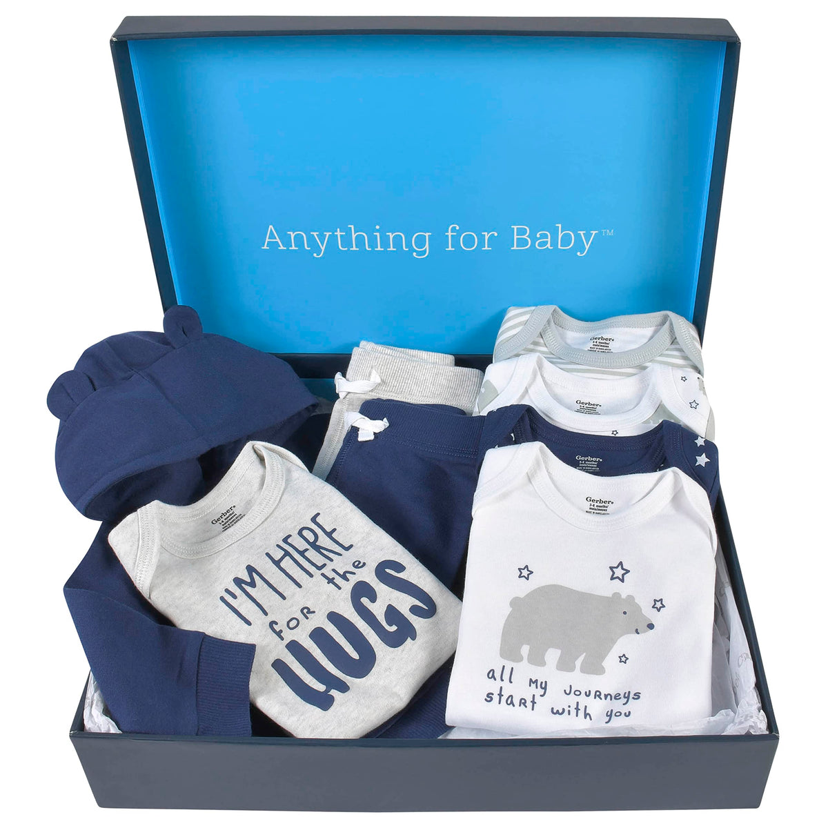 Gerber Baby 8-Piece Clothing Gift Set (5Pk Bodysuits 2Pk Pants & 1Pk Hooded Cardigan), Blue, Newborn