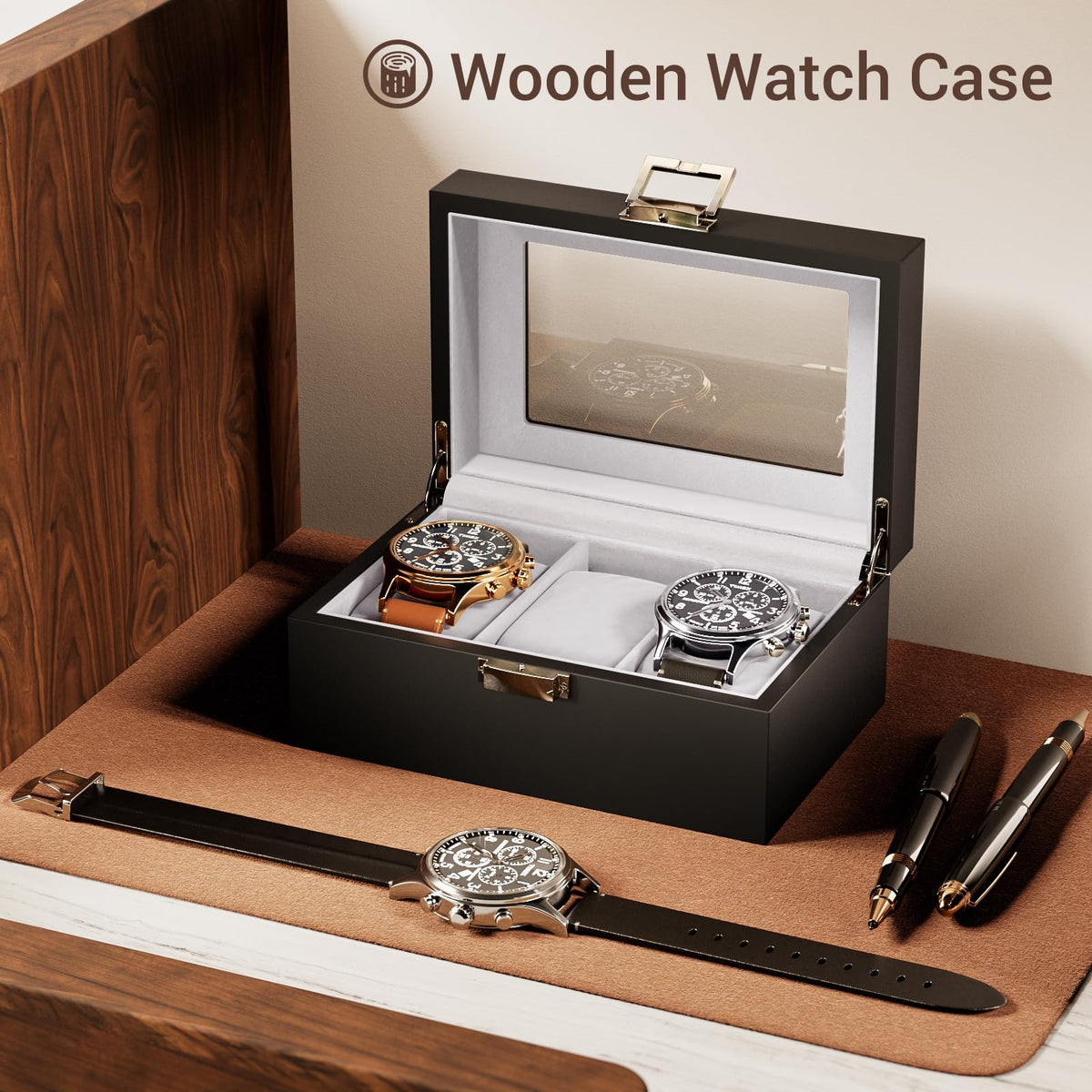 ProCase Wooden Watch Box for Men, 3 Slot Watch Display Case Mens Watch Box Organizer, Wood Watch Case for Men Watch Storage, Watch Holder Organizer with Glass Lid -3 Slot, MatteBlack